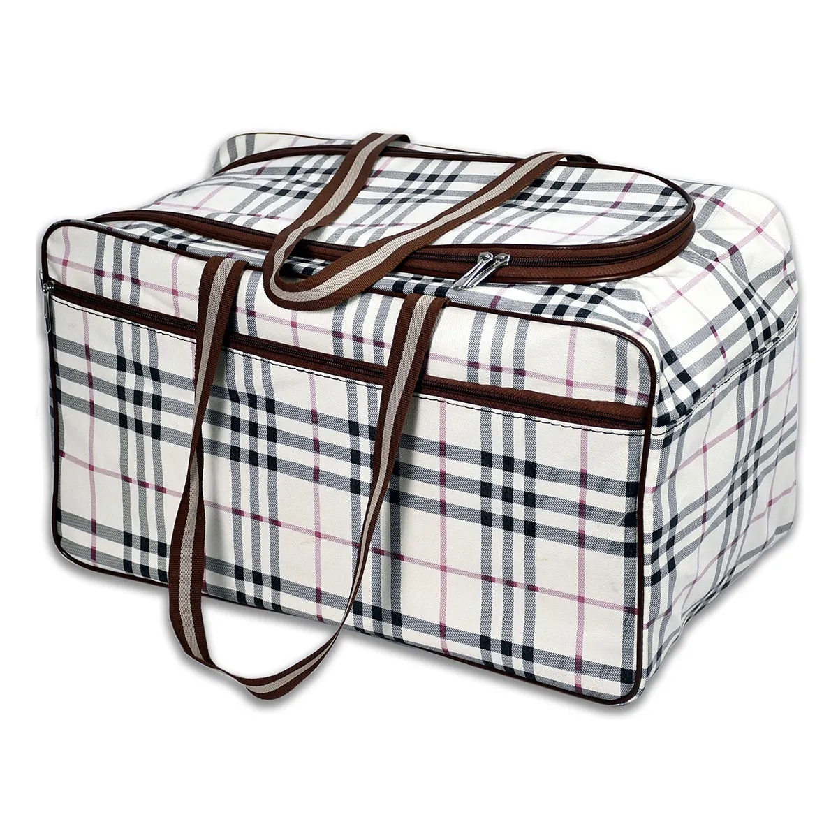 Brown Check Pattern Travel Duffel Bag View 2