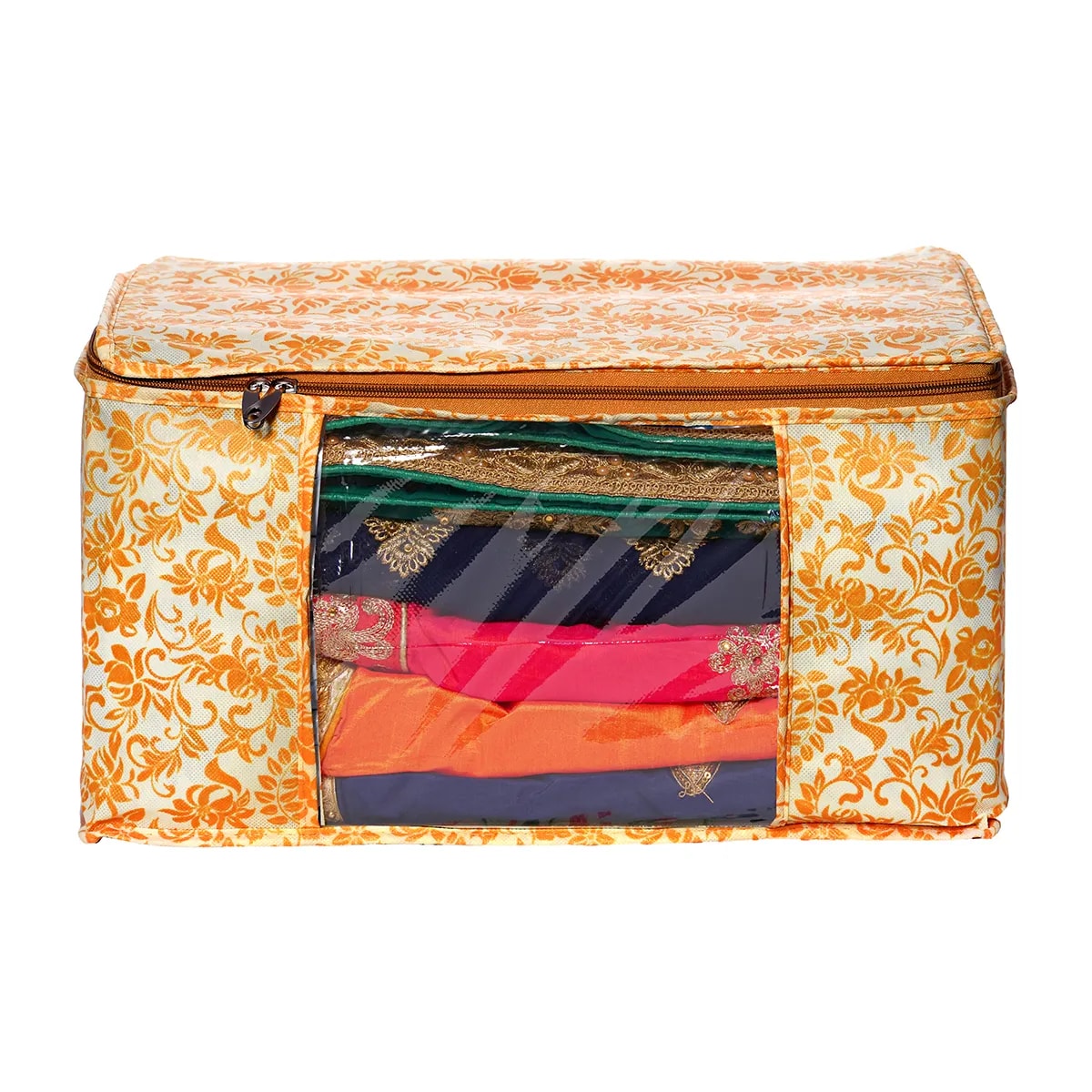 Large Foldable Clothes Storage Bag With Zipper & Transparent Window Orange Floral Wardrobe View 2