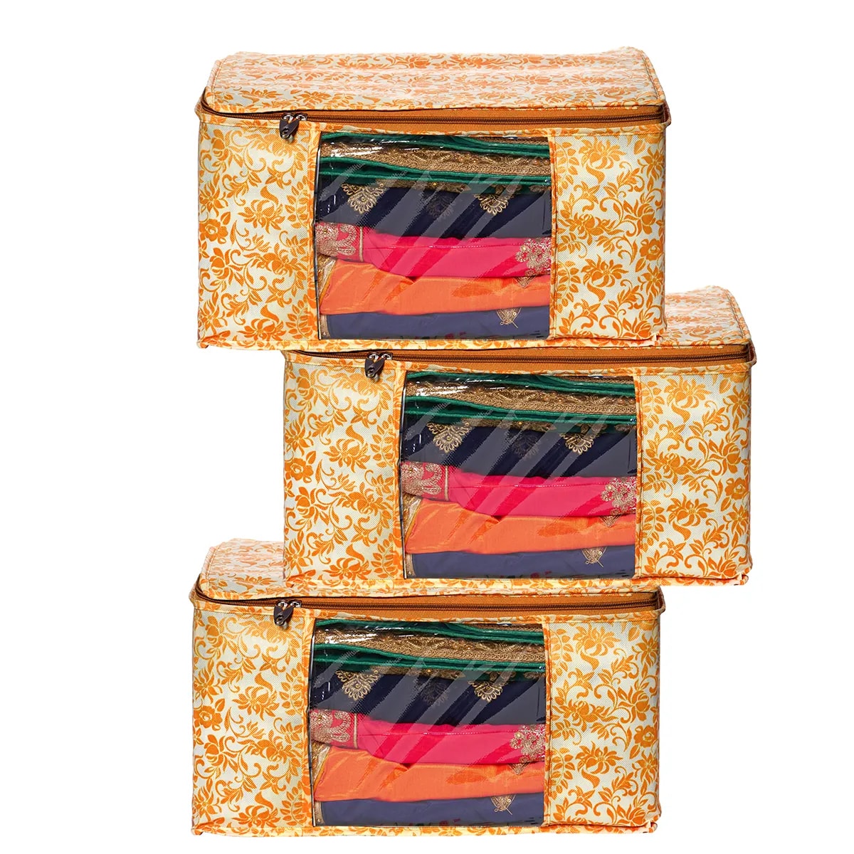 Large Foldable Clothes Storage Bag With Zipper & Transparent Window Orange Floral Wardrobe View 1