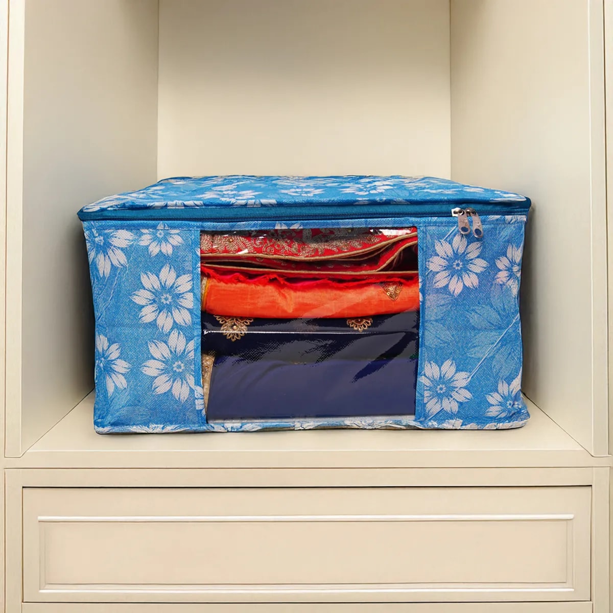 Multipurpose Foldable Clothes Storage Organizer With Front WindowFloral Print Blanket View 6