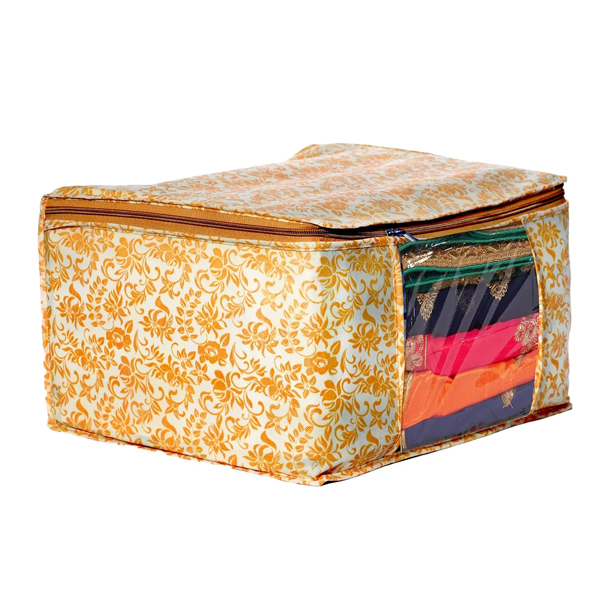 Large Foldable Clothes Storage Bag With Zipper & Transparent Window Orange Floral Wardrobe View 3