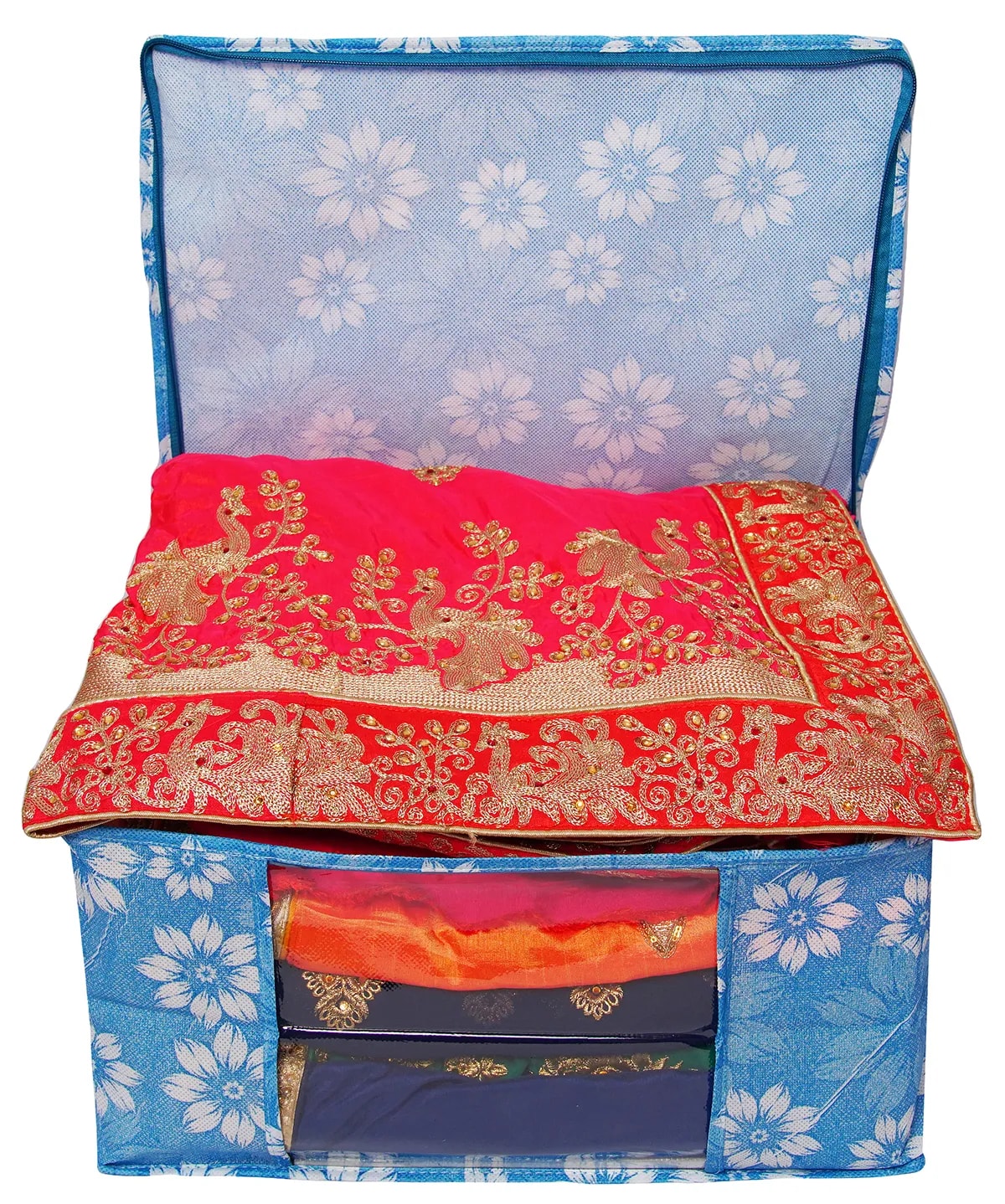 Multipurpose Foldable Clothes Storage Organizer With Front WindowFloral Print Blanket View 7