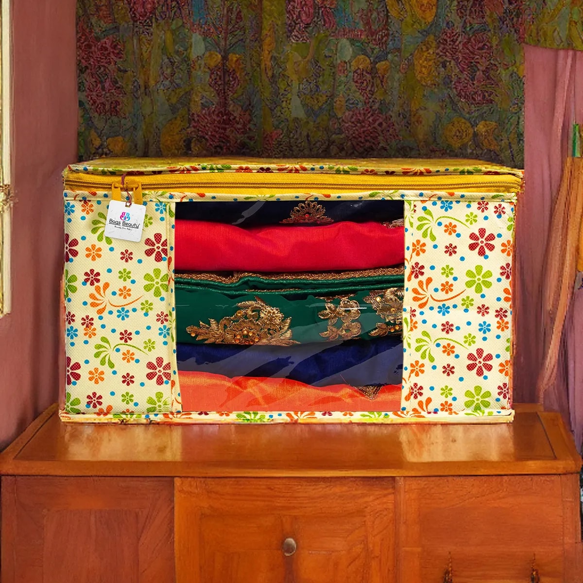 Large Foldable Clothes & Saree Storage Bag With Zipper & Transparent Window View 3
