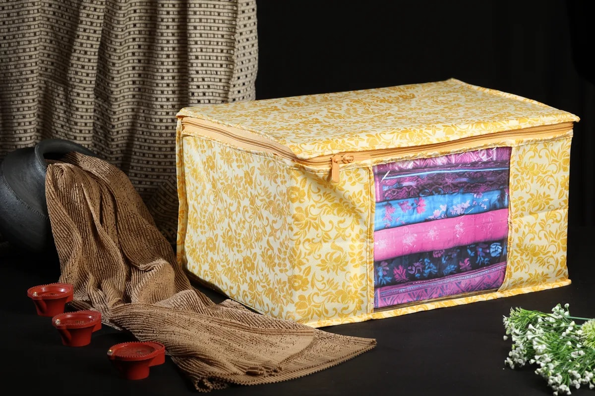 Large Foldable Clothes Storage Bag With Zipper & Transparent Window Orange Floral Wardrobe View 4