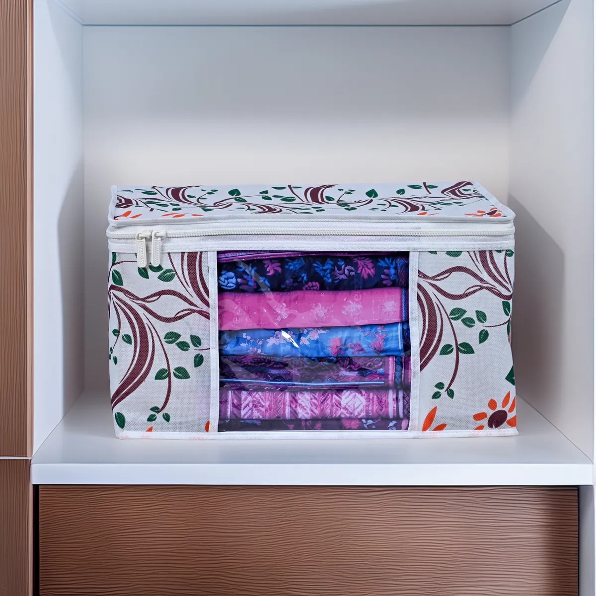 Large Foldable Clothes Storage Bag With Zipper & Transparent Window | White Leaf Print View 3