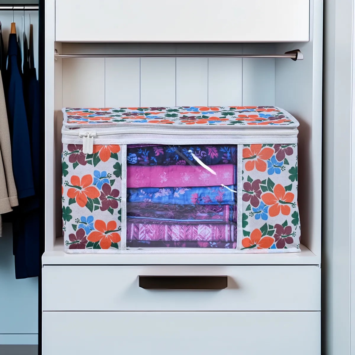 Premium Floral Printed Clothes Storage Bag With Clear Window View 3