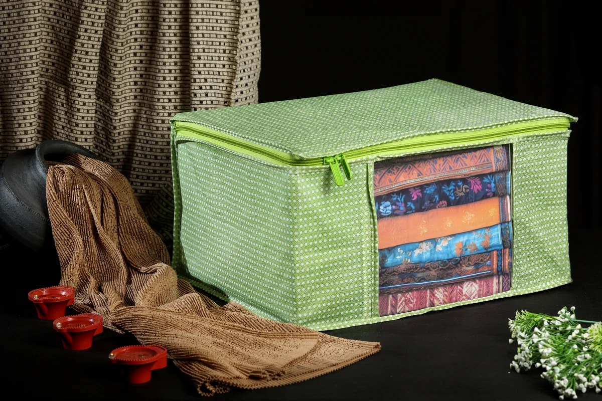 Green Polka Dot Foldable Storage Bag With Zipper Window View 7