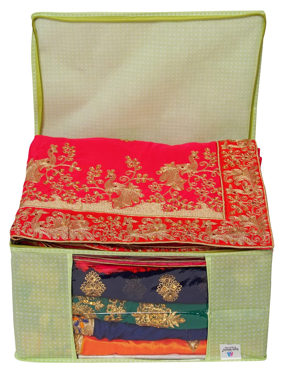 Green Polka Dot Foldable Storage Bag With Zipper Window View 3