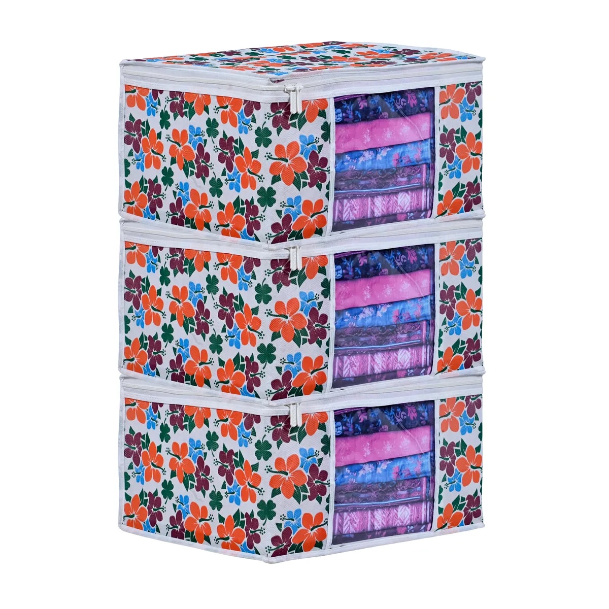 Premium Floral Printed Clothes Storage Bag With Clear Window View 1