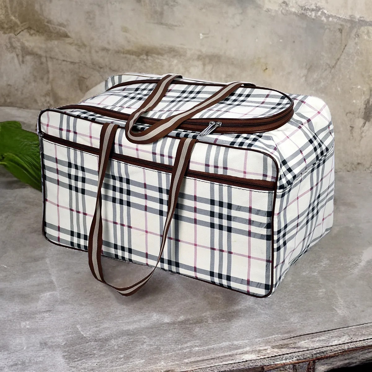 Brown Check Pattern Travel Duffel Bag View 1