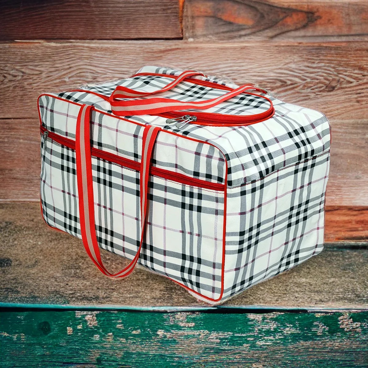 Brown Check Pattern Travel Duffel Bag For Men & Women View 1