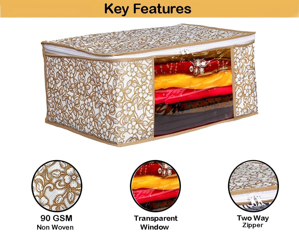 Floral Foldable Storage Bag With Zipper Window | Large Clothes, Blanket & Saree Organizer For Wardrobe (Pack of 3) View 5