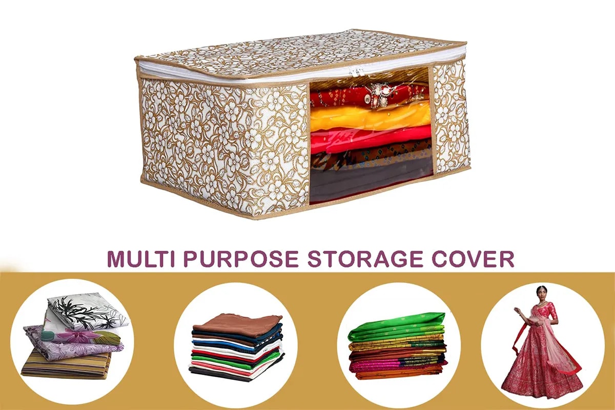 Floral Foldable Storage Bag With Zipper Window | Large Clothes, Blanket & Saree Organizer For Wardrobe (Pack of 3) View 6