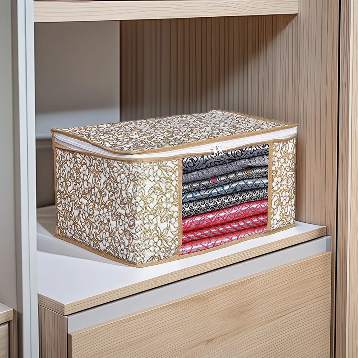 Floral Foldable Storage Bag With Zipper Window | Large Clothes, Blanket & Saree Organizer For Wardrobe (Pack of 3) View 4