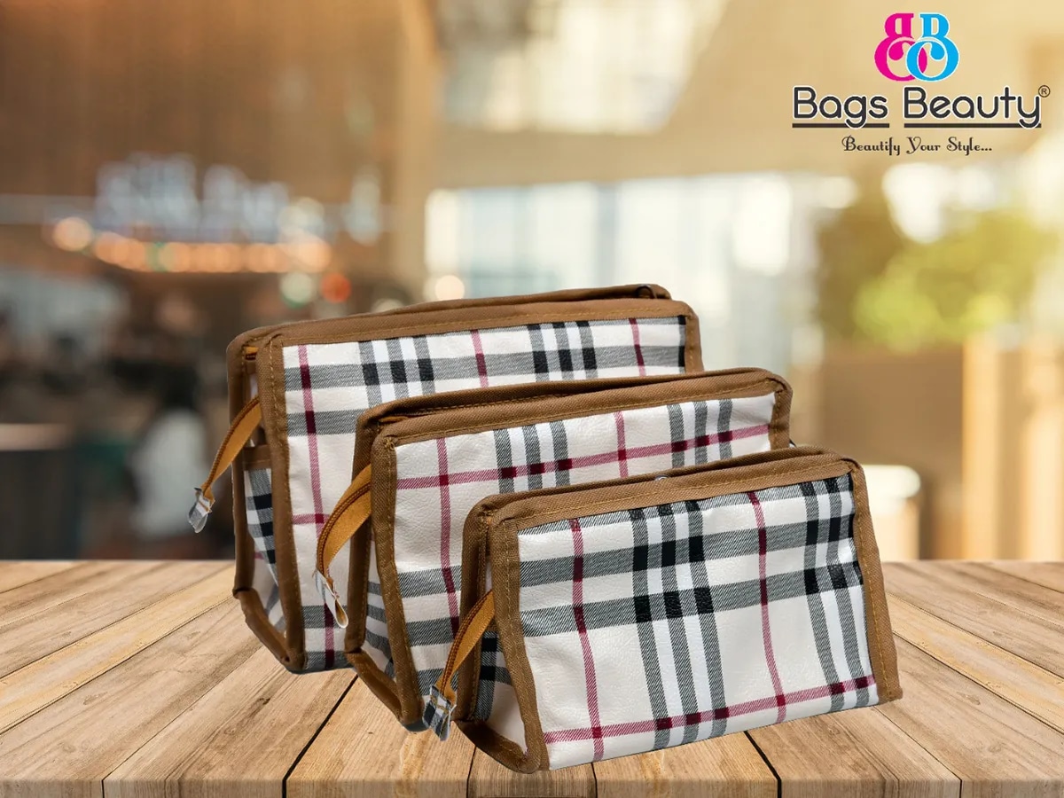 Ladies Beige Check Pattern Hand Wallet